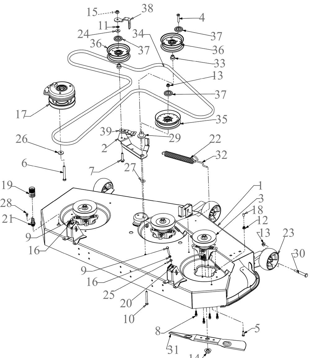 Deck 1 Diagram and Parts List for ZT1-54KH (17CA010)(2020) Cub Cadet Lawn Tractor